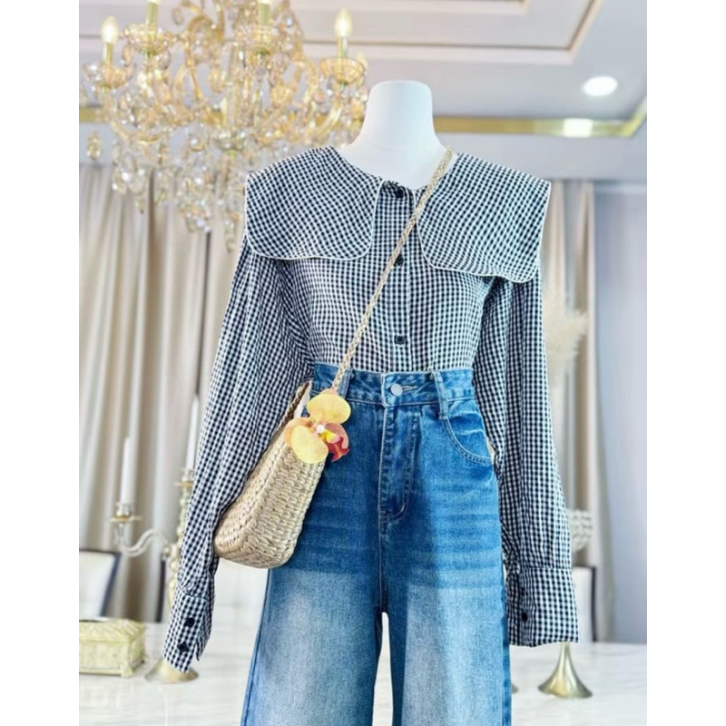 เสื้อเชิ้ตแขนยาว คอปกเหลี่ยม 🦋 (ผูกเชือกด้านหลัง) กระดุมหน้า **ผ้า Cotton เนื้อนิ่ม