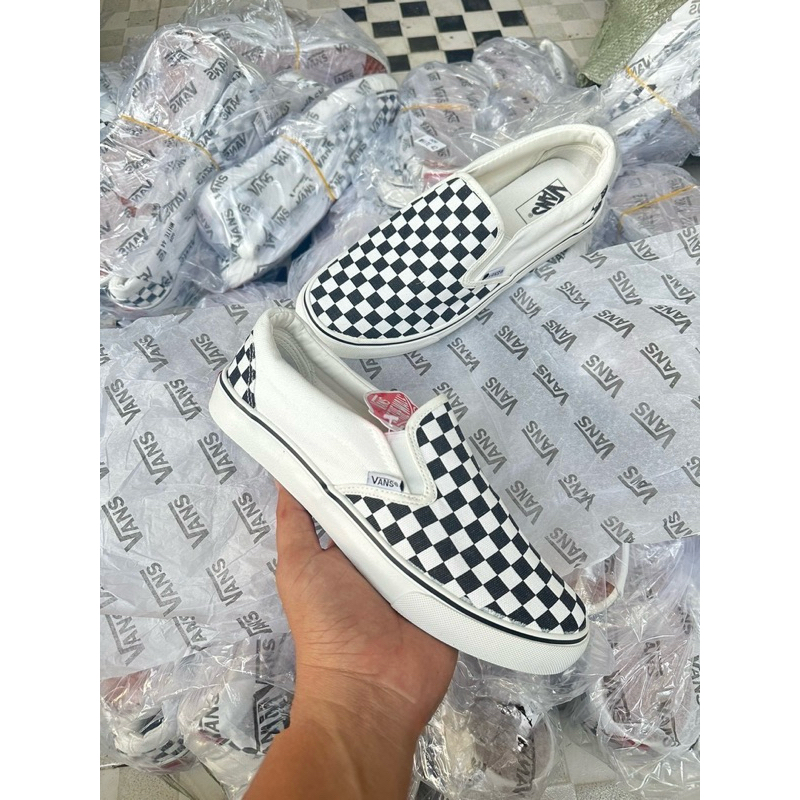 รองเท้าผ้าใบ แว่นสลิปออน แว่นตาราง รองเท้าผ้าใบแว่น รองเท้าผ้าใบ พร้อมกล่อง 📦