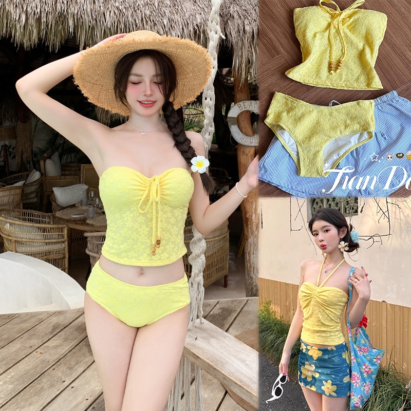 ส่งไวจากไทย ชุดว่ายน้ำ bikini บิกินี two piece ลายดอกไม้ ผูกคอ beach#0733