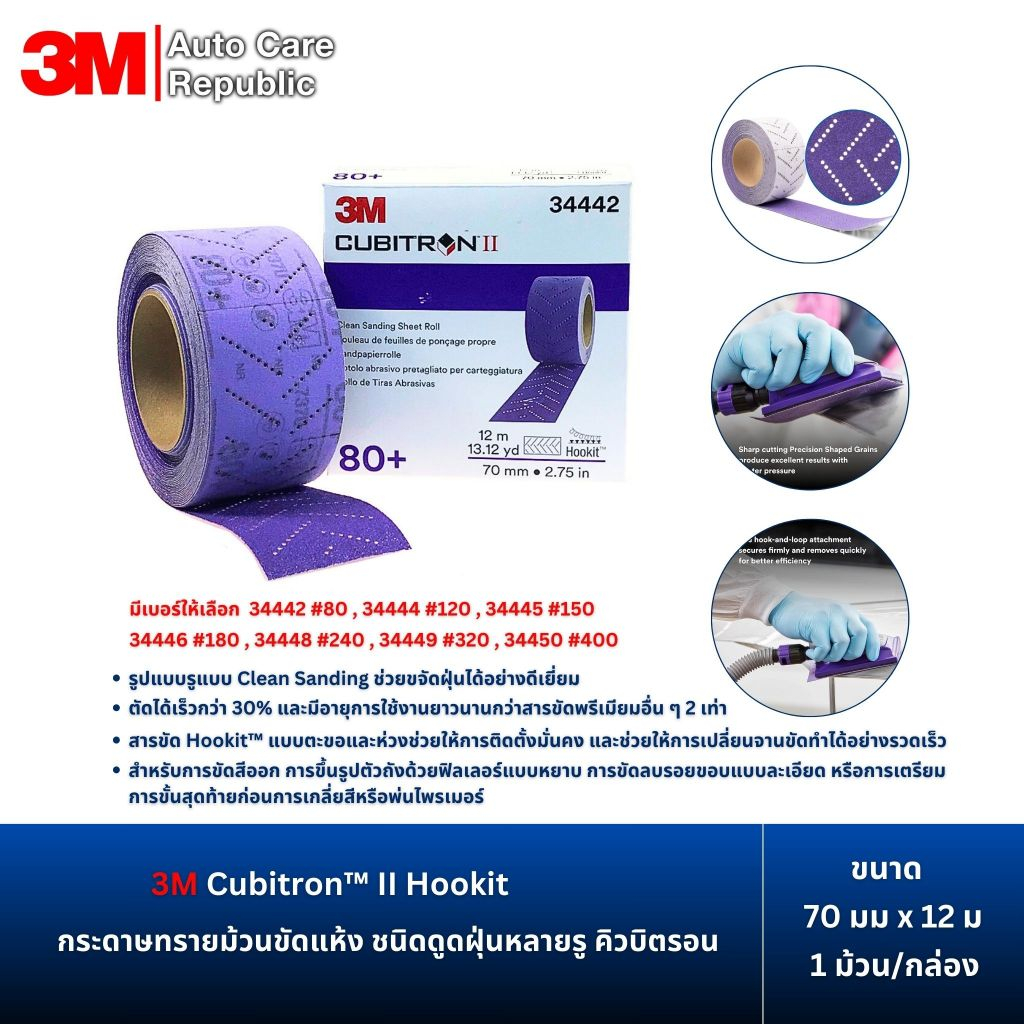 3M Cubitron™ II Hookit™ กระดาษทรายม้วน ขนาด 70 มม x 12 ม 34442 34444 34445 34446 34448 34449 34450 (1 ม้วน/กล่อง)