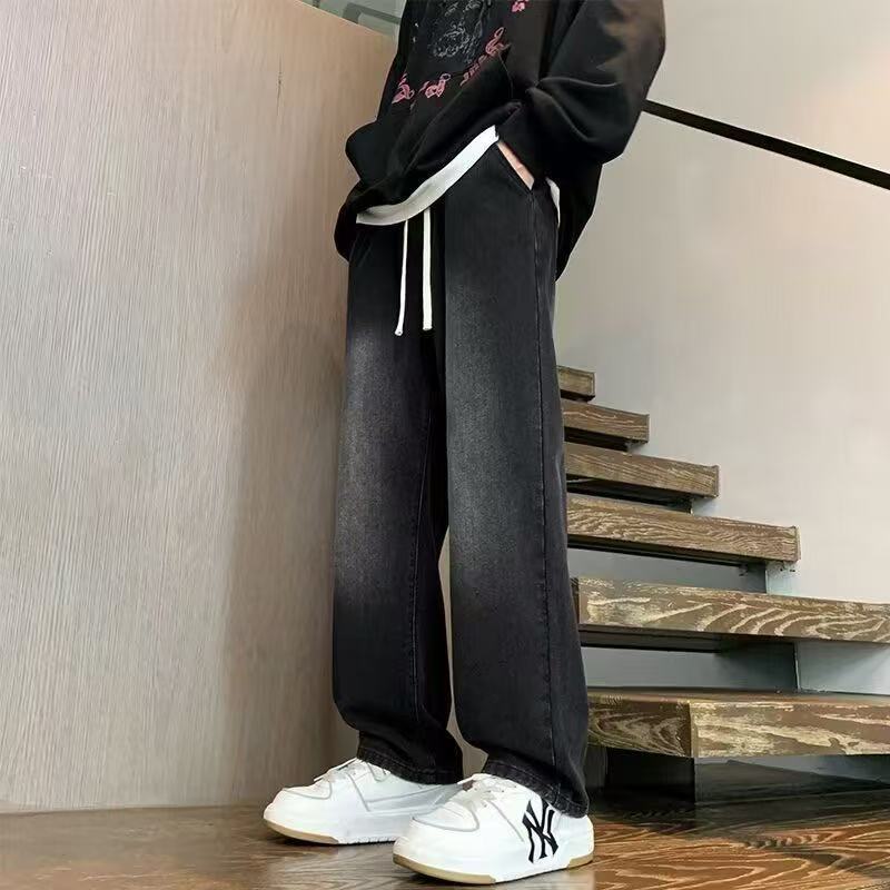 🌈กางเกงยีนส์ขายาวชาย เอวยางยืด มีสายผูก กางเกงวินเทจ