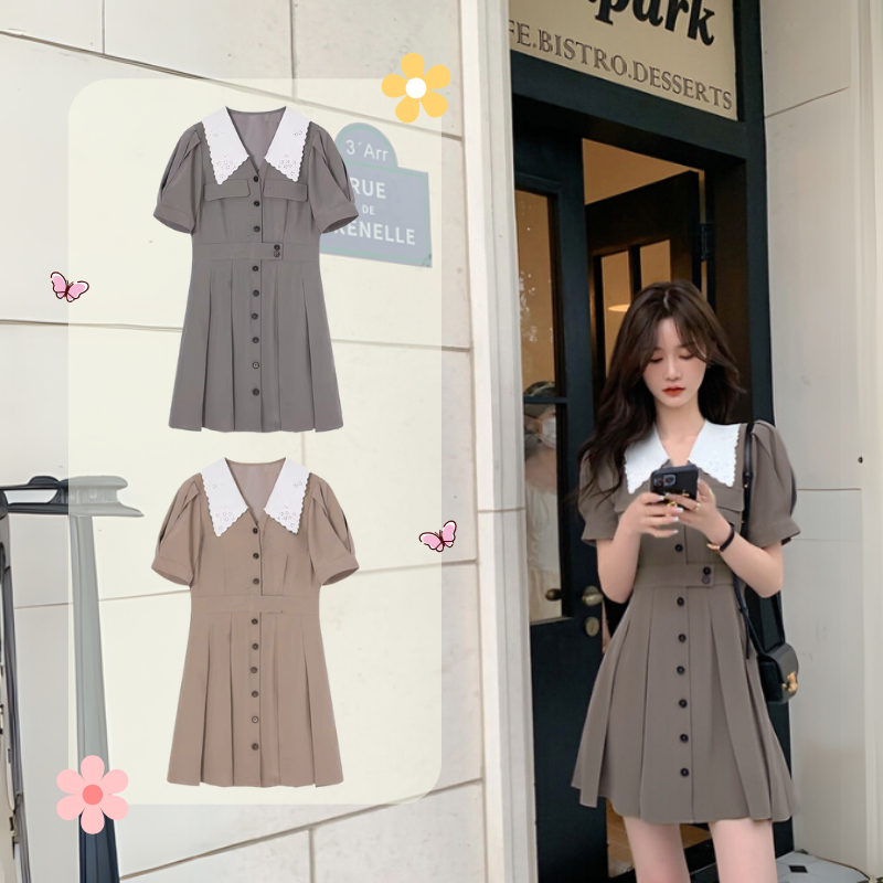 ✨S-4XL✨ เดรสกระโปรง คอปก ดีเทลกระดุม คอปกฉลุลาย สไตล์วินเทจ แขนพอง หวานละมุน ใส่ทำงาน ออกเดท สายหวาน เดรสสาวอวบ พลัสไซซ์