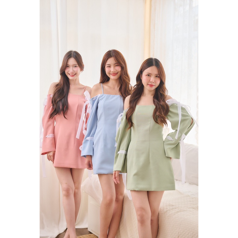Ribbin pastel dress 🎀 พร้อมส่ง เดรสสายเดี่ยว แขนยาว ริ้บบิ้น ออกงาน เที่ยว เพื่อนเจ้าสาว Endopamii