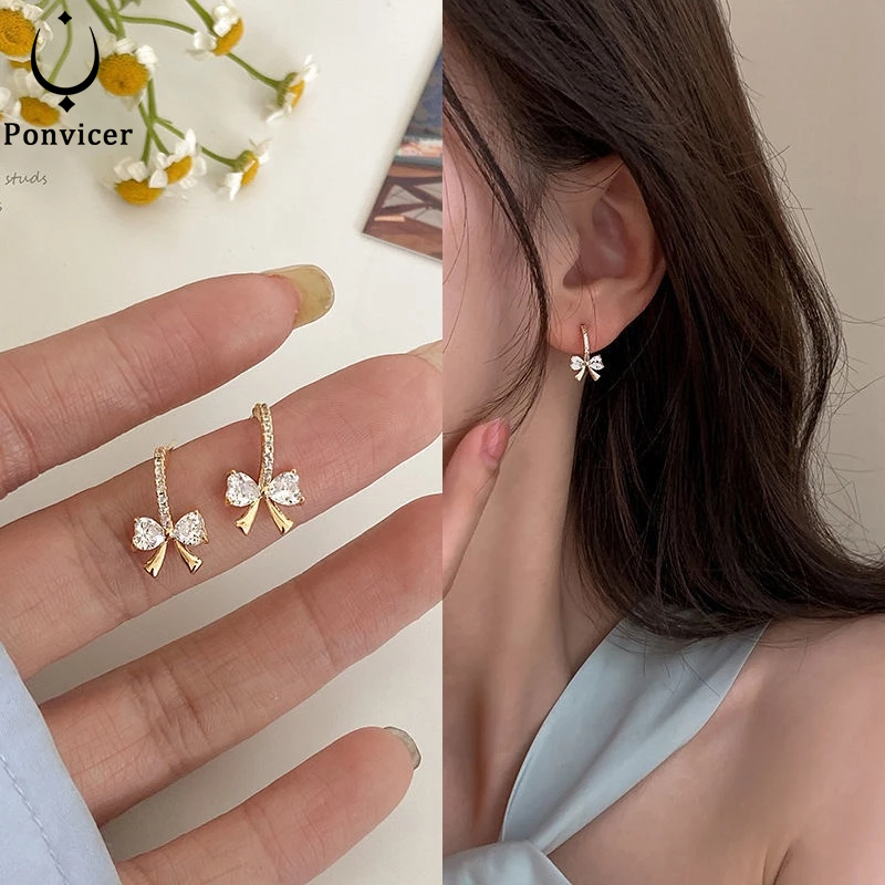 Ponvicer เครื่องประดับ ต่างหูสตั๊ด สเตนเลส ประดับโบว์ หรูหรา สไตล์เกาหลี แฟชั่นเรียบง่าย สําหรับผู้หญิง