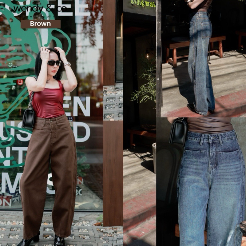 wendy&co กางเกงยีนส์เบคกี้กระบอกใหญ่ ดีเทลกระเป๋าเจาะรุ่นนี้แต่งจีบปลายขา