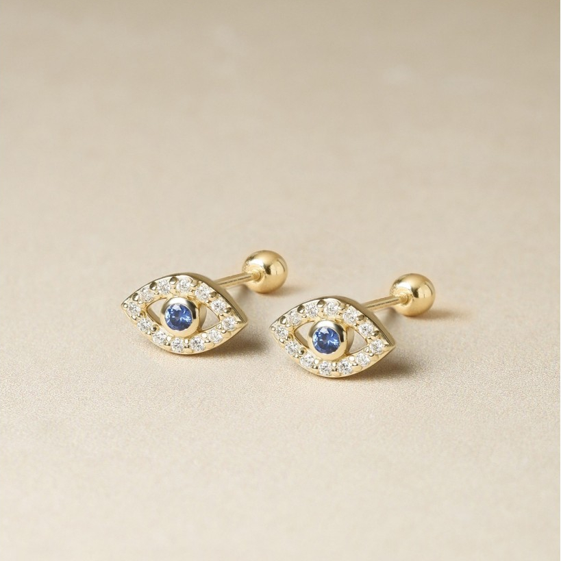 ต่างหูปักก้านทองแท้ 9K Evil Eyes Diamond Studs (แป้นหมุน)