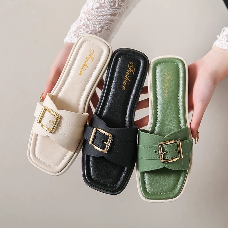home..fashion รองเท้าแตะแฟชั่น แบบสวม ส้นแบน สายเข็มขัด พื้นเรียบ ใส่สบาย พร้อมส่ง S-199