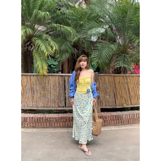 CiCi Plus+(H8822-1) เสื้อเกาะอกปักลายดอกไม้ มีซับในตรงอก ซัมเมอร์ สไตล์สาวพลัสไซส์