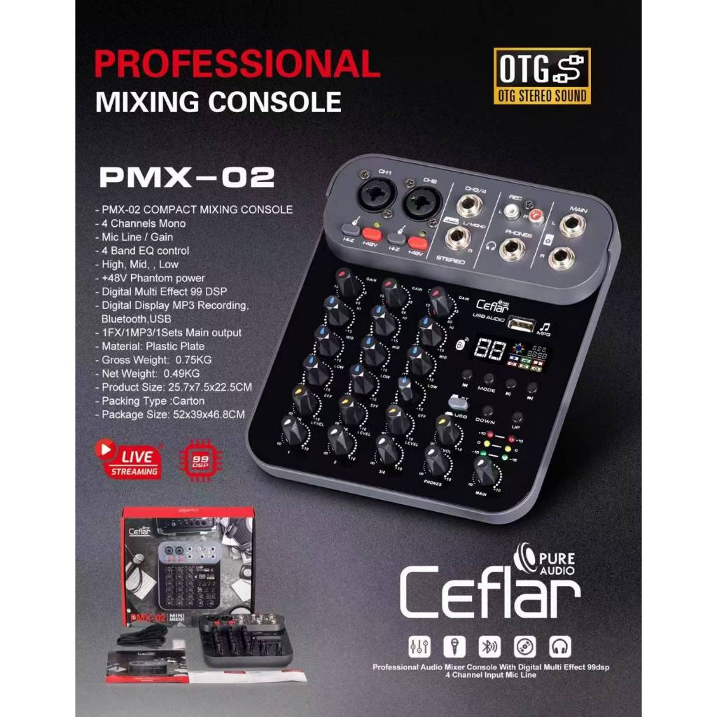 มิกเซอร์มินิ สามารถเชื่อมต่อไมโครโฟน เครื่องดนตรี ceflar รุ่น PMX-02 Bluetooth,USB