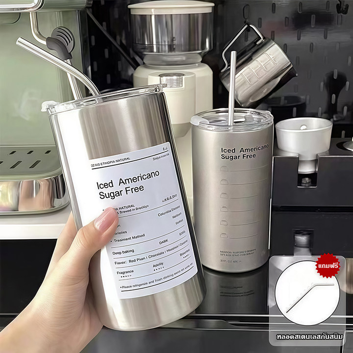 แก้วเก็บความเย็น กระติกน้ำร้อน แก้วกาแฟ สเตนเลส พร้อมหลอดดูด กระติกเก็บความเย็น ความจุขนาดใหญ่ 600ml 20oz ขนาดพกพา COD