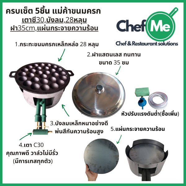 ชุดเตาขนมครก แม่พิมพ์ขนมครกเหล็กหล่อ C30 พร้อมบังลม  และฝาสแตนเลส พร้อมใช้งาน