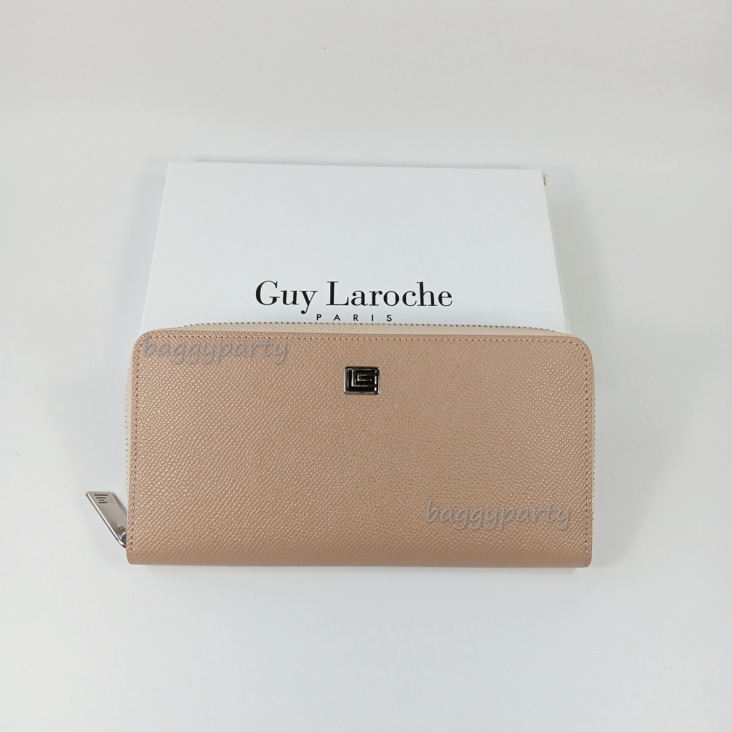 Guy Laroche กระเป๋าสตางค์ผู้หญิงใบยาว ซิปรอบ สีเบจ หนังแท้ หนังลาย อะไหล่เงิน