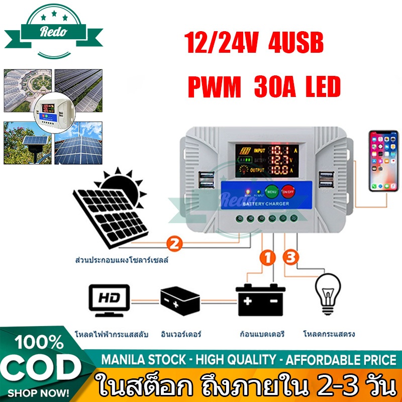 30A โซล่าชาร์จเจอร์ PWM Solar Charge Controller 4 USB แบตเตอรี่ Regulator 12V/24V LCD Display