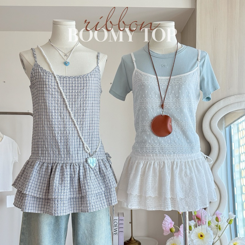 -𝐂𝐡𝐢𝐯𝐚- Ribbon Boomy Top | เสื้อสายเดี่ยวระบายสองชั้นแต่งโบว์