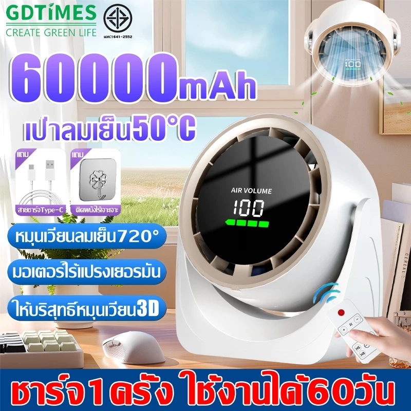 【รับประกัน20ป】พัดลมตั้งโต๊ะ พัดลมพกพา 8นิ้ว 60000mAh มอเตอร์เยอรมัน ปรับได้100ระดับ แบตในตัวแบตทนทานไม่ส่งเสียงรบกวน
