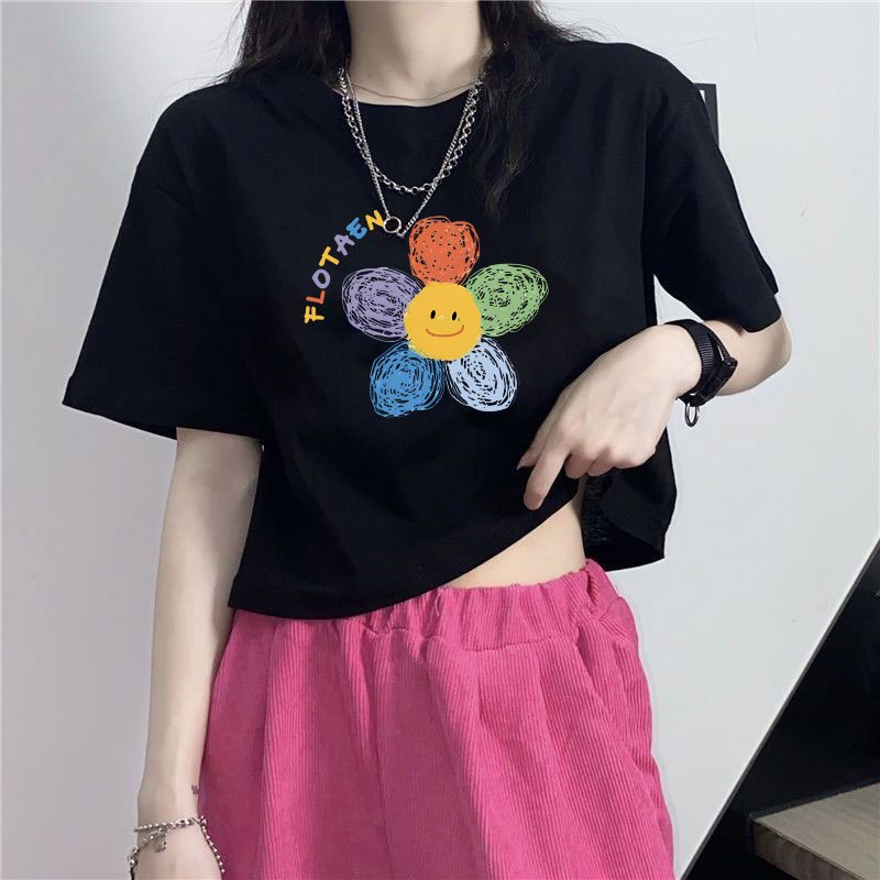 เสื้อครอปน่ารักสไตล์เกาหลี oversize เสื้อผ้าสาวอวบอ้วนไซส์ใหญ่ เสื้อยืดสวยๆผู้หญิงแขนสั้นแบบหลวม พิมพ์ลาย แฟชั่นมาใหม่