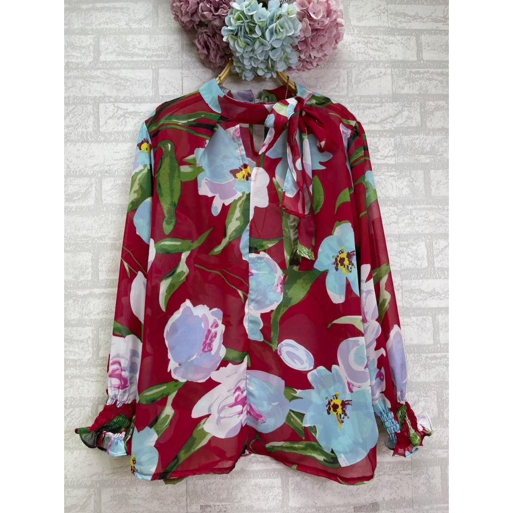 เสื้อแฟชั่นสาว คอกลมติดกระดุมหลัง ผูกโบว์ที่คอ แขนยาว ไม่มีซับใน ผ้าชีฟอง อก48นิ้ว (SKU 378)