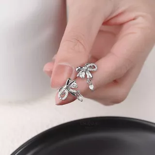 ESCOBAL ต่างหูเงิน Girly Knot สไตล์สวยหรู ต่างหูเพชร ต่างหูแฟชั่น ต่างหูโบว์ Valentine ของขวัญ
