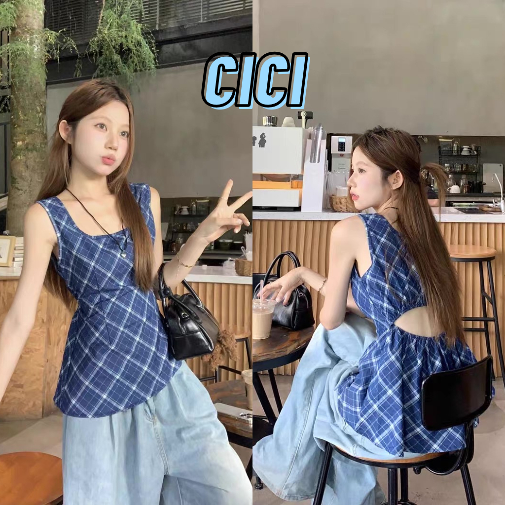 ส่งทันที Cici(NO. Y6289) เสื้อกล้ามเว้าหลังมียางยืดด้านหลังลายตารางผ้าฝ้ายดิบ ดีเทลจับจีบตรงปลาย หน้าสั้นหลังยาว