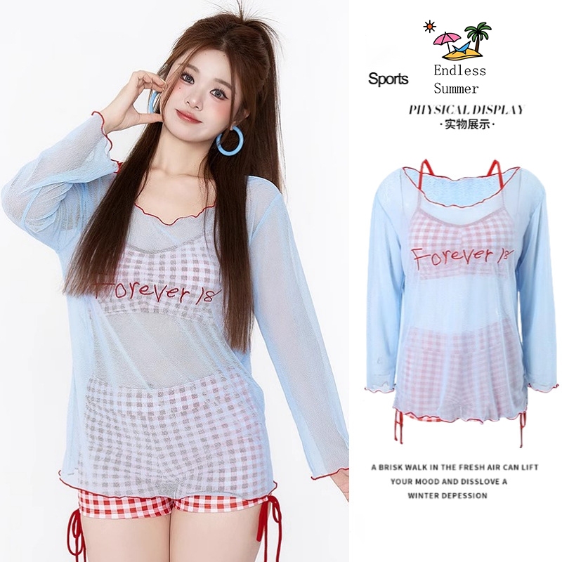 ชุดว่ายน้ำแฟชั่น  ชุด 3 ชิ้น  ลายสก็อตสีแดง ชุดบิกินี่  เสื้อคาร์ดิแกนเข้าชุด ชุดว่ายน้ํา สาวอวบ
