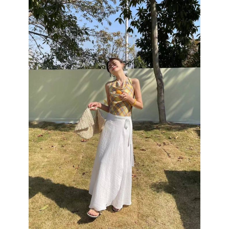 กระโปรงป้ายยาวผ้าลินิน ปรับไซส์ตามขนาด