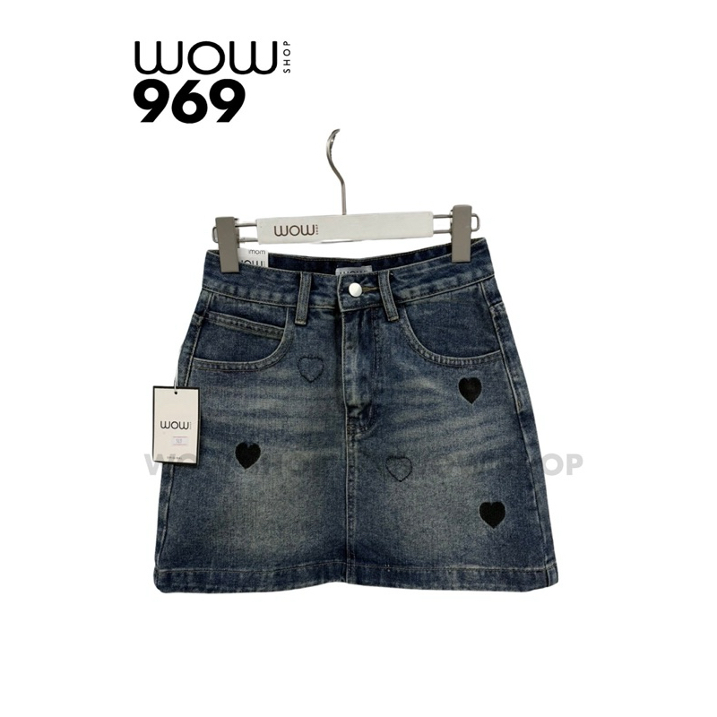 รุ่น 969 กระโปรงยีนส์พร้อมซับในแต่งหัวใจ