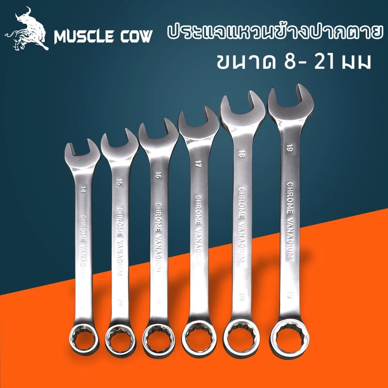 Muscle Cow ประแจแหวนข้างปากตาย ขนาด 8-21 มม. แหวนข้างปากตาย ประแจรวม ปากตายแหวนข้าง ประแจปากตายข้าง แหวนข้าง ปากตายแหวน