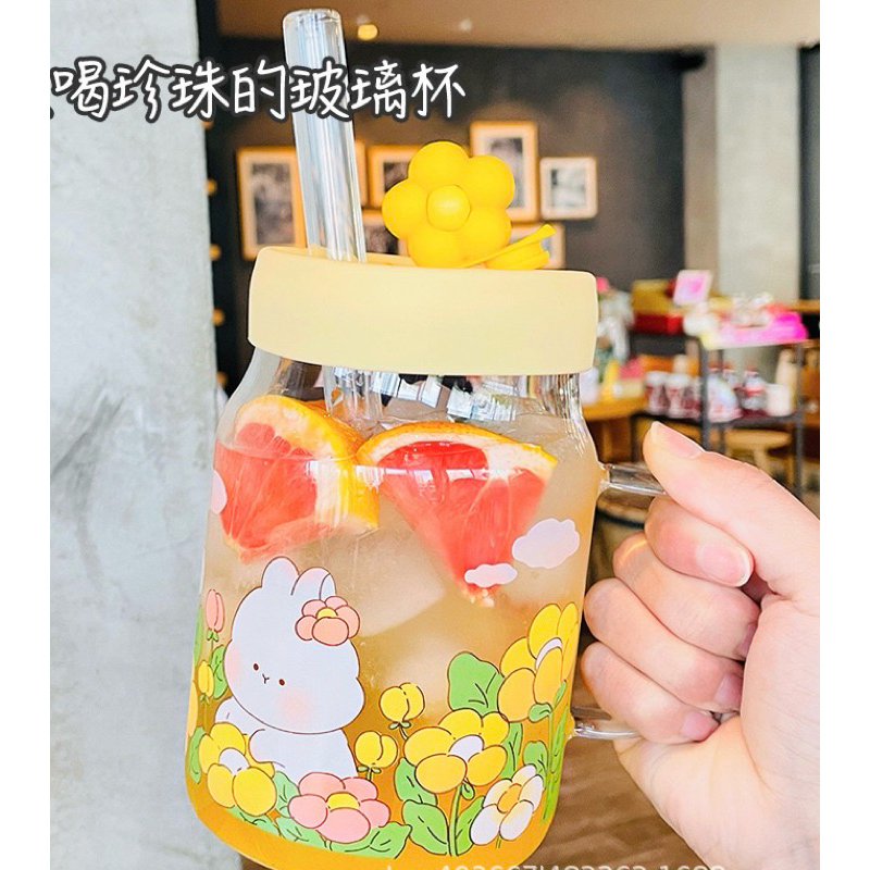 แก้วน้ำ แก้วใสมีหูจับใบใหญ่ ลายดอกไม้และน้องหมี 🐻 แก้วกาแฟ แถมหลอด‼️ - รูปที่ 3