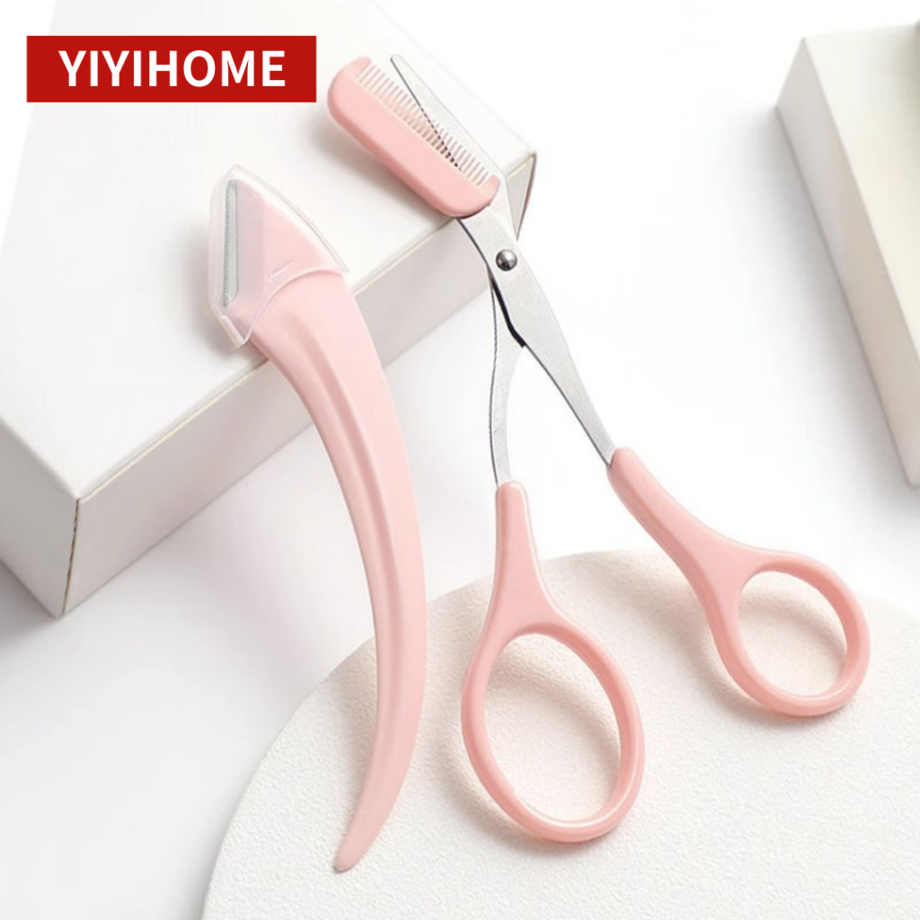 YIYIHOME กรรไกรตัดแต่งคิ้ว ชุด3ชิ้น พร้อมมีดกันคิ้ว ขนาดเล็ก พกพาสะดวก ล้างน้ำได้ กันน้ำ กันสนิม