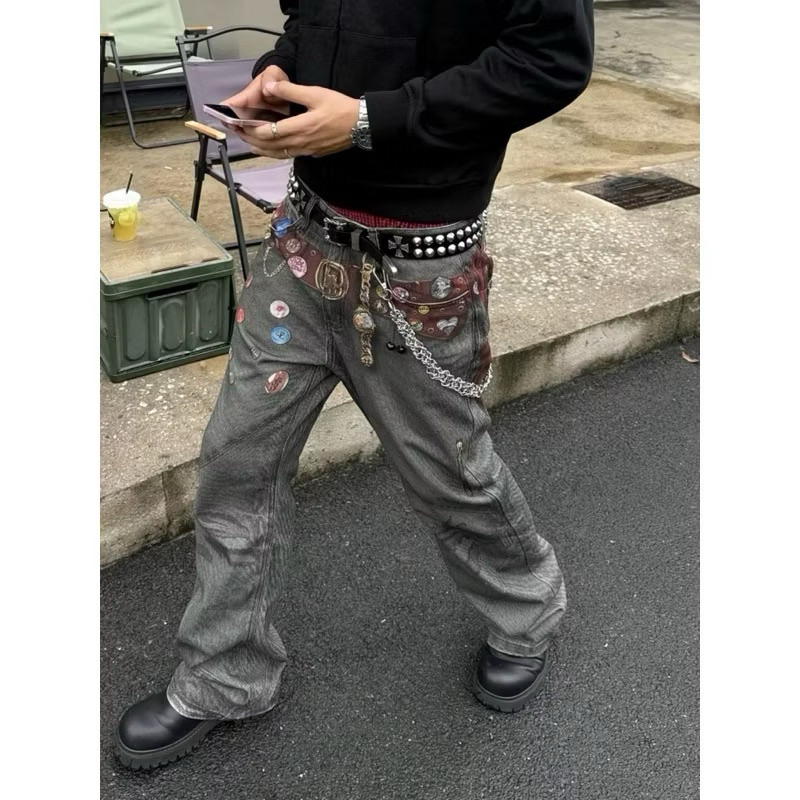 กางเกงยีนส์ทรงกระบอก key-printed jeans - รูปที่ 6