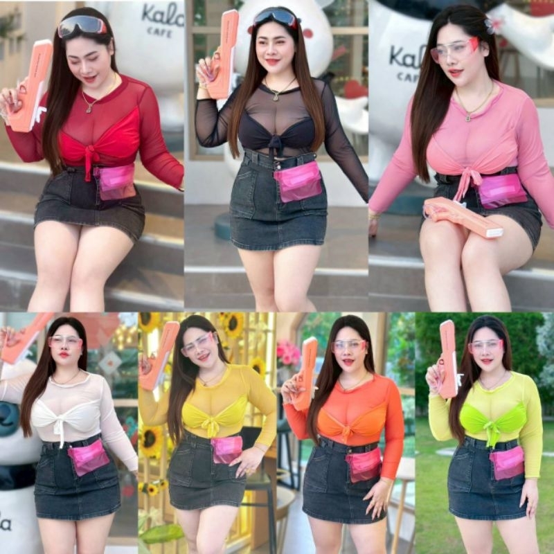 Z189 เสื้อผูกอกสาวอวบ ผ้าตาข่ายแขนยาว อก38-46” ยาว18“