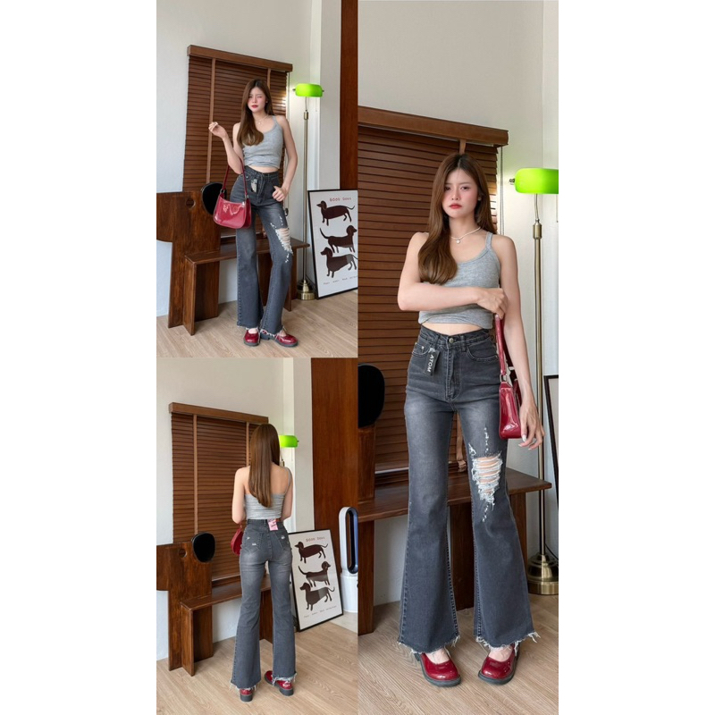 (S-XL) กางเกงยีนส์ขาม้า ผ้ายืด แต่งขาด Atom jeans (6603)