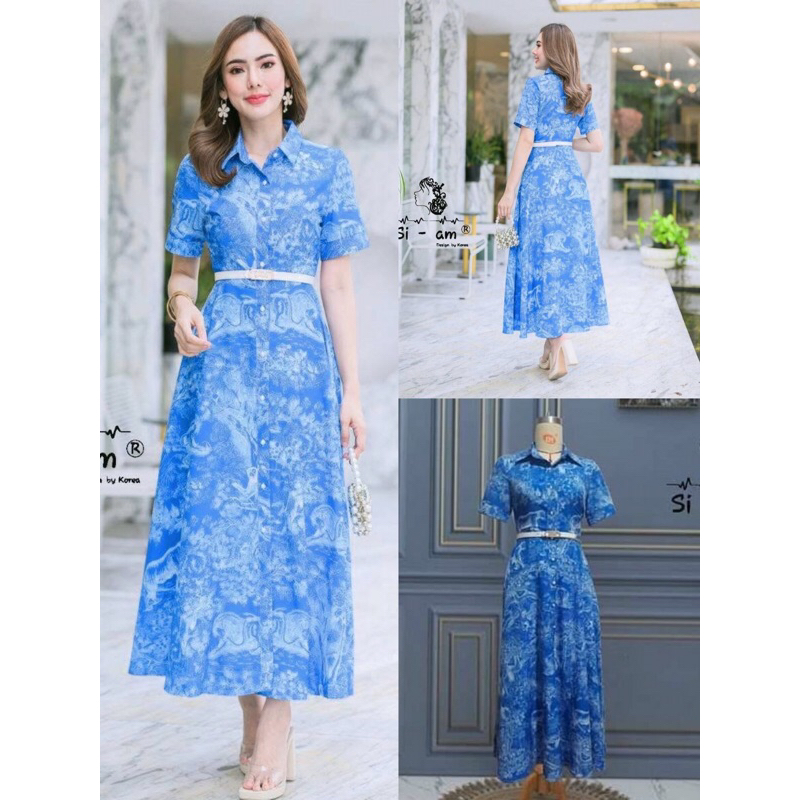(XL-2XL)Si-am🎯Dress : เดรสยาว แขนสั้นคอปก พิมพ์ลายมาพร้อมเข็มขัดเพชร📌 ออกงาน ดินเนอร์ สวยเรียบหรูดูแ