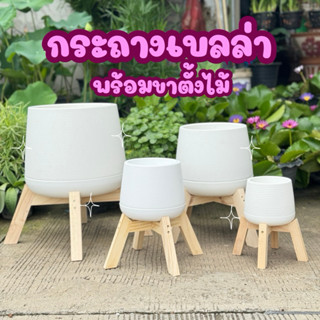 กระถางเบลล่าสีขาว สีดำ พร้อมขาตั้งไม้ ขนาด5-12 นิ้ว