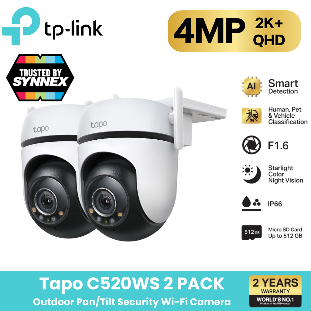 TP-Link Tapo C520WS [แพ็คคู่สุดคุ้ม] กล้องไวไฟ 4MP 2K+ QHD ใช้งานภายนอก Starlight Color Night Vision
