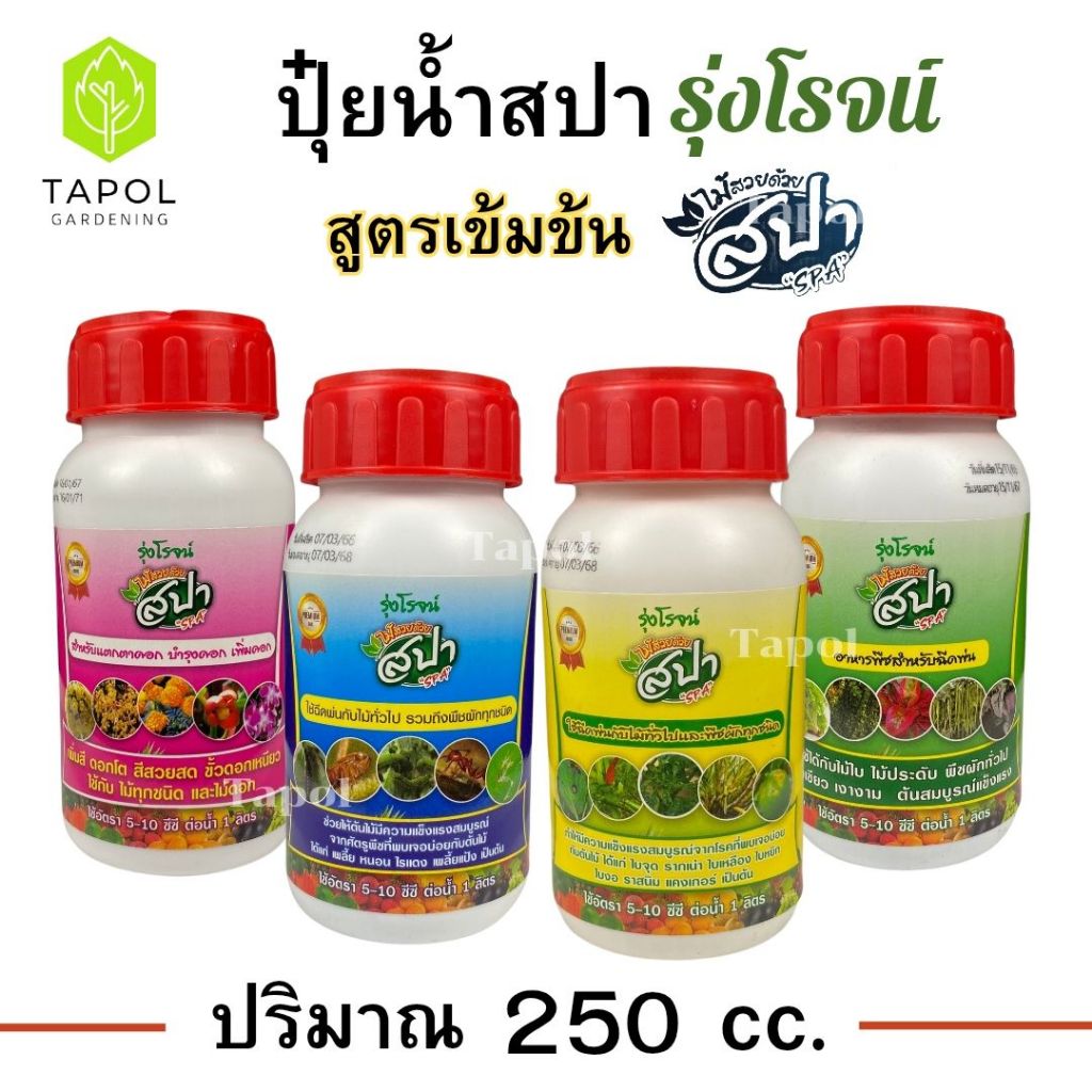 ปุ๋ยน้ำสปา รุ่งโรจน์ ขนาด 250 cc. สูตรน้ำเข้มข้น สำหรับใช้ฉีดพ่น บำรุงพืช ป้องกันโรคแมลงและพืชทุกชนิด