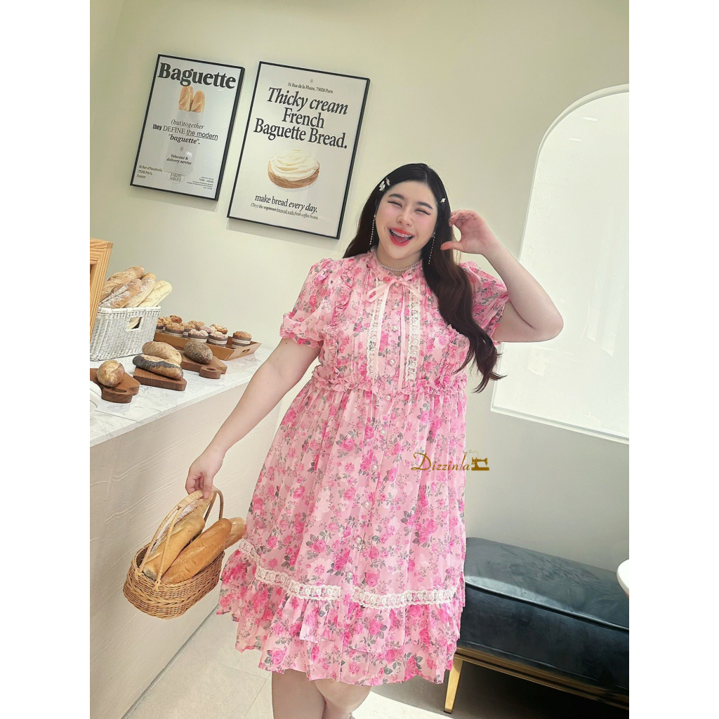 Dz328 - Fairy Bloom Dress'เดรสชมพูคอกลมพิมพ์ลายดอกไม้