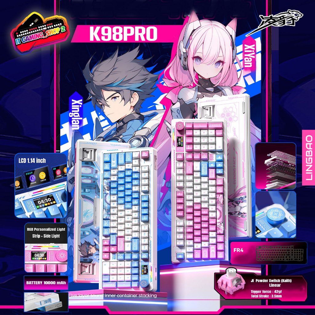 Lingbao K98PRO จอLCD คีย์บอร์ดลายอนิเมะ 3 โหมด USB/2.4G/Bluetooth แบต10000mAh RGB 14โหมดประกัน 1ปี ส่งฟรี