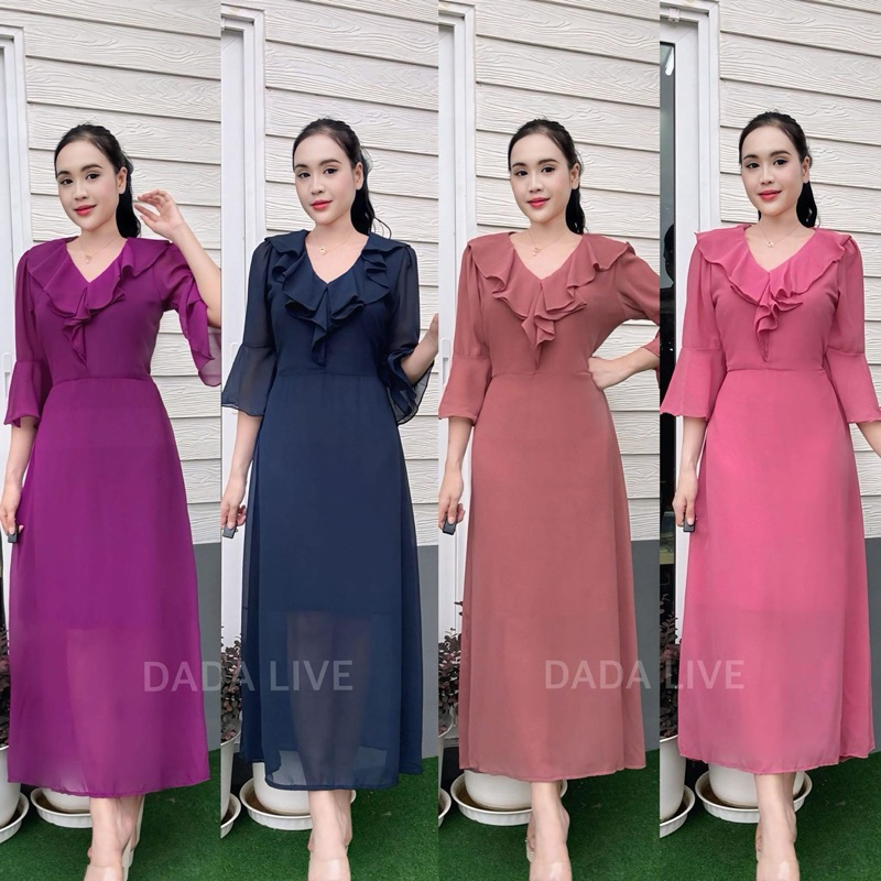 ชุดเดรสยาว ผ้าชีฟอง คอระบาย แขนกระดิ่ง สีพื้น (มีซับใน) ความยาว50นิ้ว