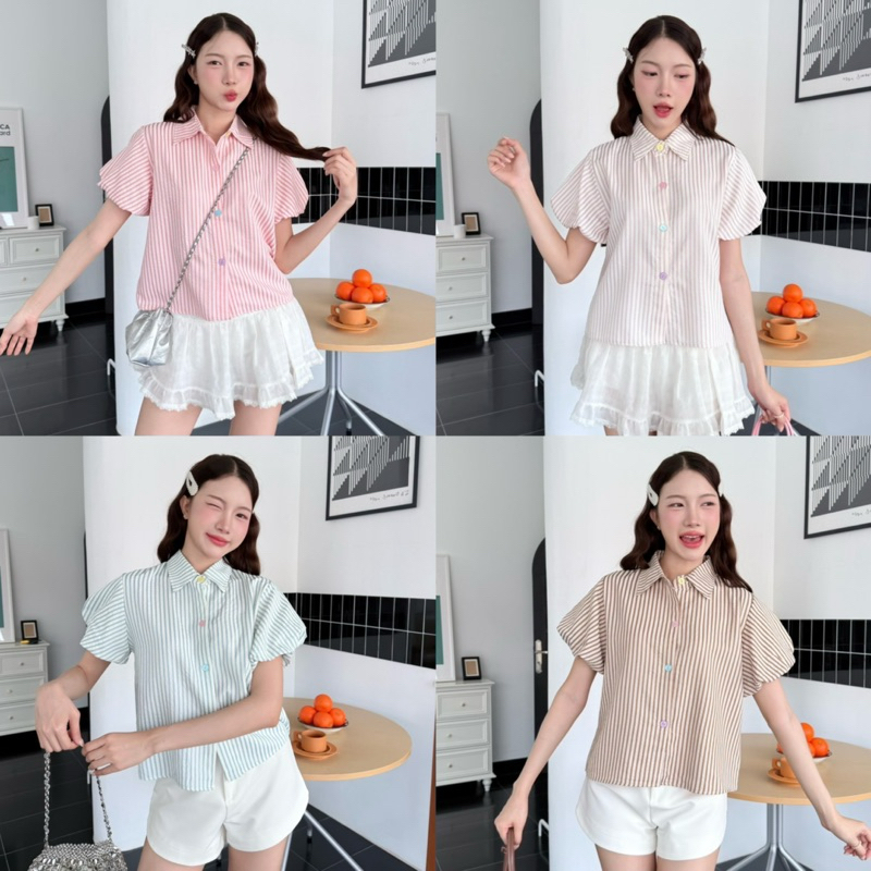 Khun Studio - เสื้อคอปกแขนพอง ลายทางสีพาสเทล💕