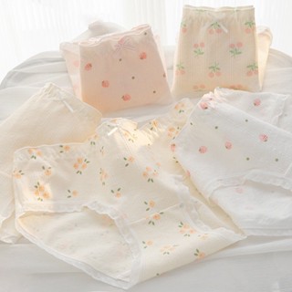 E86 กางเกงในผ้าฝ้าย  ลายดอก แต่งขอบ ลายน่ารัก ใส่สบาย เนื้อผ…