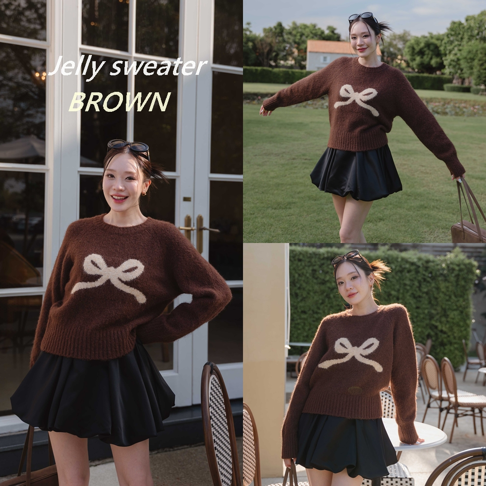 Jelly sweater ( Brown ) สีน้ำตาล สีใหม่ สีฮิตเทรนด์ปีนี้เลย คู่สีดีมาก สเวตเตอร์แต่งโบว์สุดน่ารัก