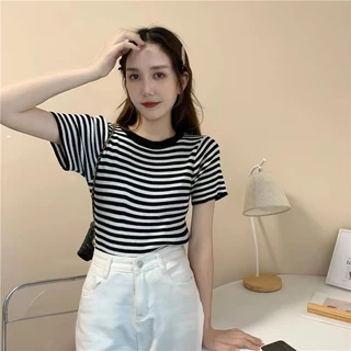 Cicishop (3488) เสื้อไหมพรมแขนสั้น ลายทางเล็ก คอกลม ดูดีทรงสวยเรียบร้อยสไตล์เกาหลี