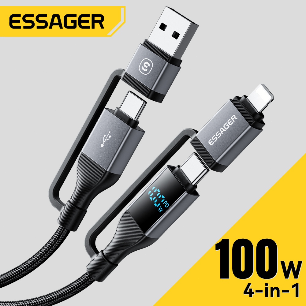Essager สายชาร์จเร็ว Type C 4-in-1 60W สาย USB C ถึง USB C ถึง IP สำหรับจอแสดงพลังงานโทรศัพท์ USB2.0 480Mbps