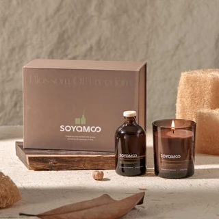 [บรรจุกล่องของขวัญ] SOYaMOO เทียนหอมอโรม่า ก้านน้ำหอม ชุดของขวัญ Reed Diffuser+Soy Candle