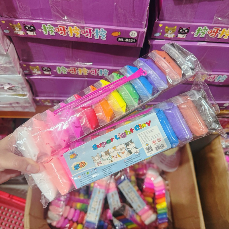 (พร้อมส่ง) ดินเบา สีดินเบาเกาหลี พร้อมอุปกรณ์สำหรับปั้น 1 แพ็คมี 12 สี 💖