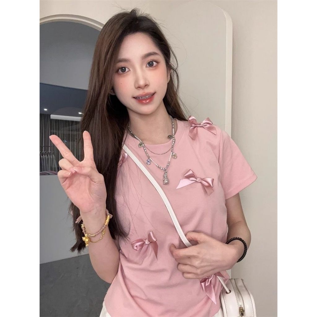 เสื้อยืดผู้หญิง แขนสั้นผูกโบว์ คอกลม ทรงเข้ารูป น่ารัก