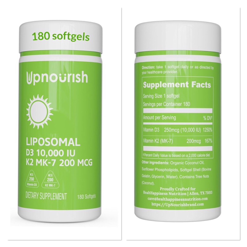 ( Upnourish )( ขวดไซส์เล็ก-ทานวันละ 1 เม็ด ) LIPOSOMAL D3 (10,000 IU)➕K2 (200 MCG) - ไลโปโซม ดี-3 และ เค-2 ( 180 เม็ด )