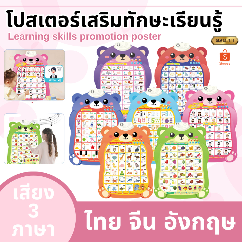 โปสเตอร์เด็ก พูดได้ 3 ภาษา ไทย-จีน-อังกฤษ โปสเตอร์สอนคำศัพท์ โปสเตอร์เสริมการเรียนรู้ ของเล่นเสริมพัฒนาการเด็ก