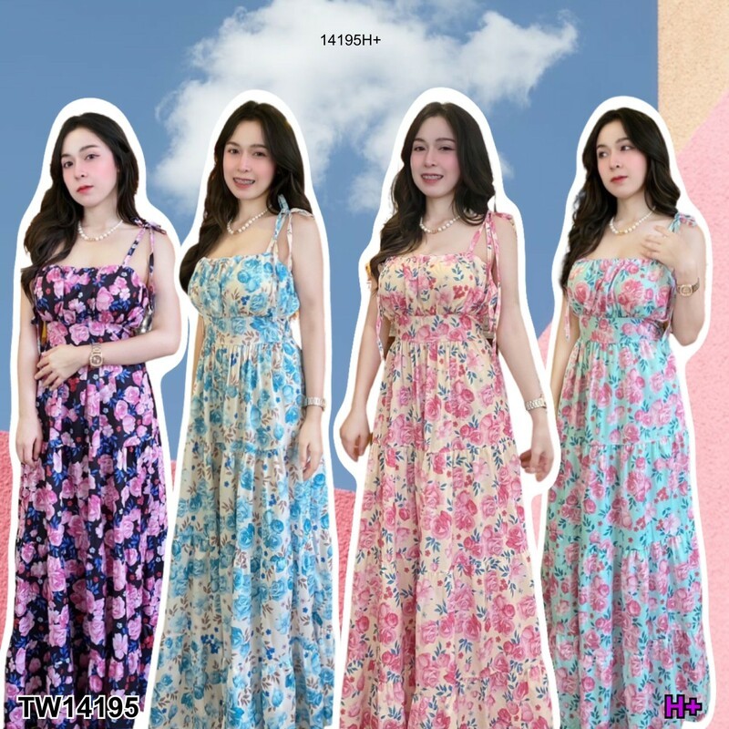 Maxi dress สายเดี่ยว ลายดอก สม๊อคหลัง TT14195